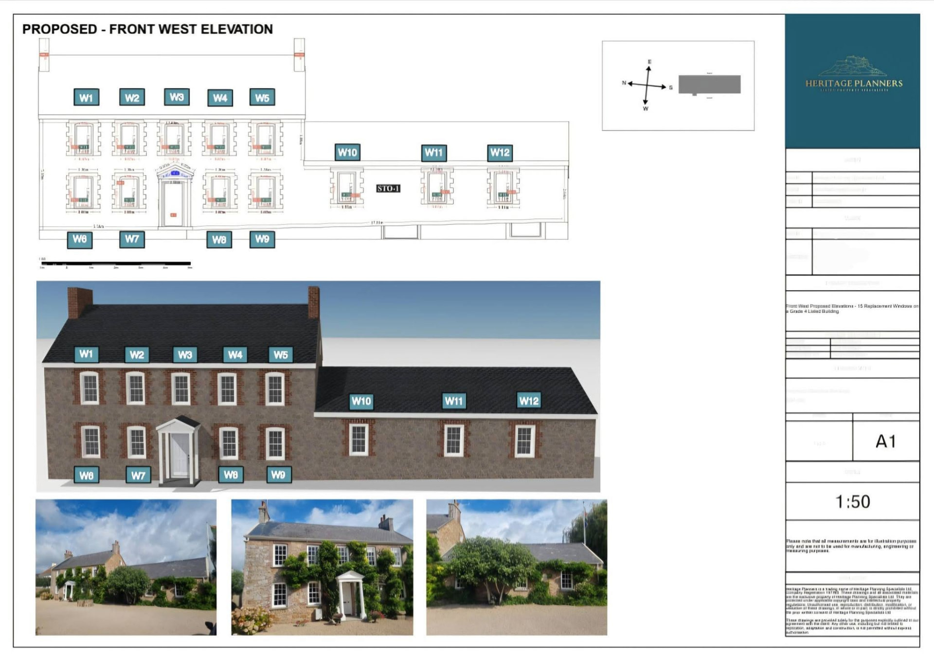 Proposed front west elevation planning drawing showing 15 replacement windows